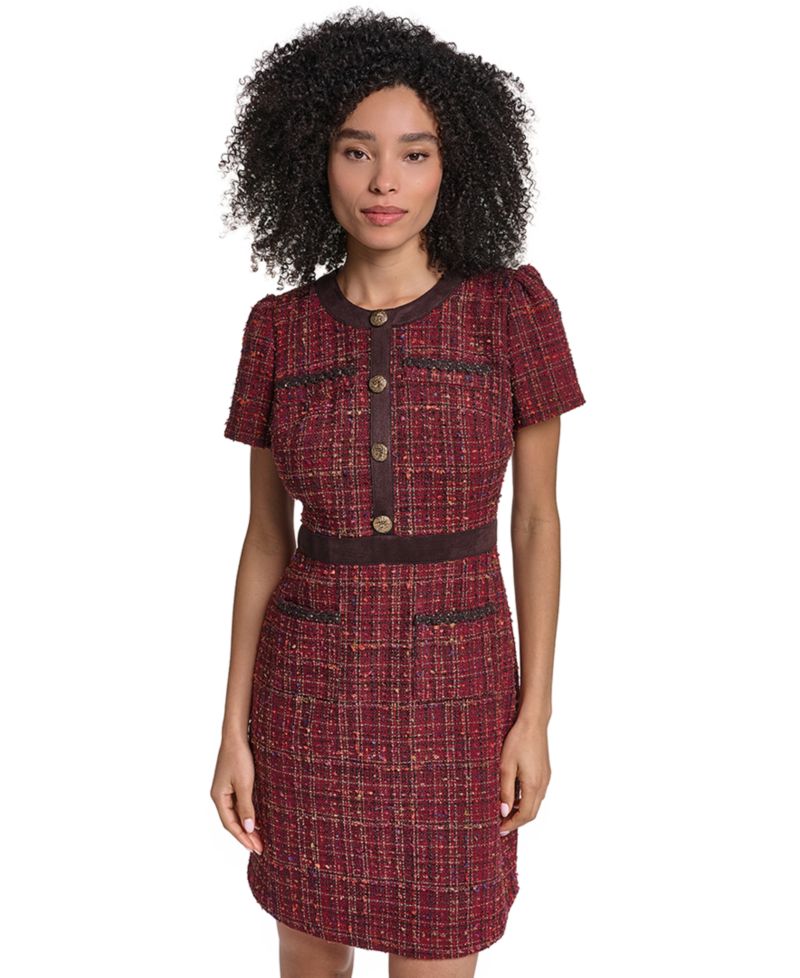 Women's Short-Sleeve Tweed Crewneck Sheath Dress