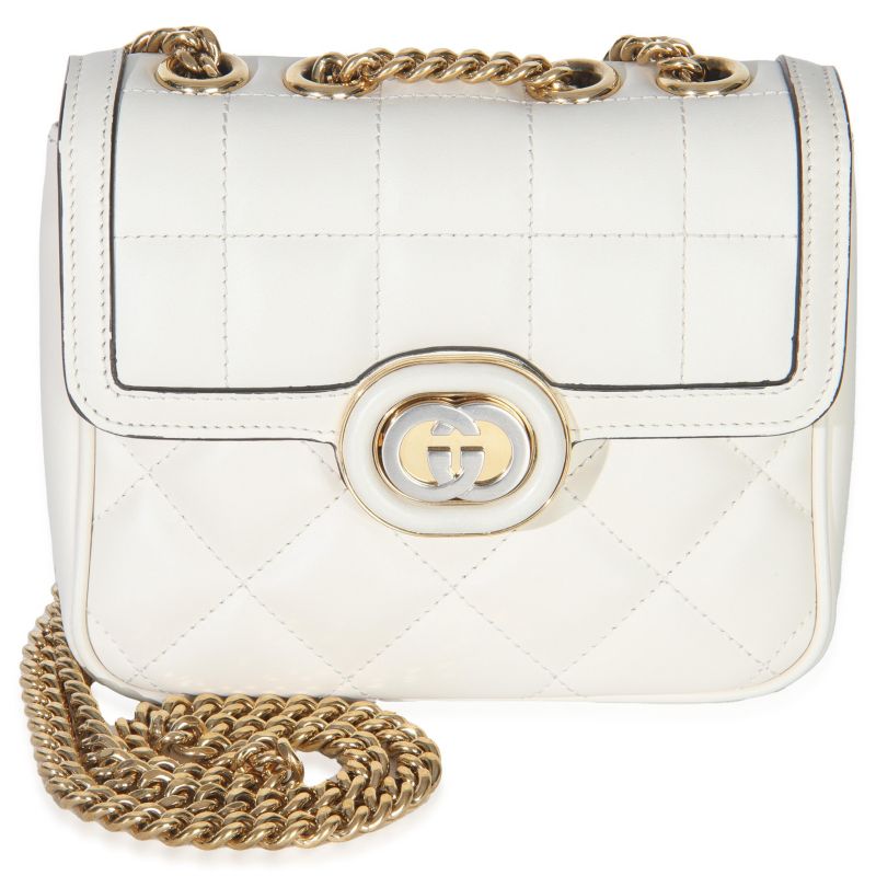 White Quilted Calfskin Mini Deco Chain Bag