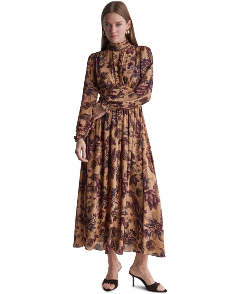 Women's Long Sleeve Floral-Print High-Neck Maxi Dress