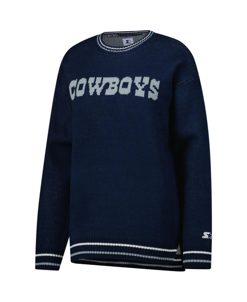 Women's Navy Dallas Cowboys Oversized On the Ball Intarsia Knit Pullover Sweater