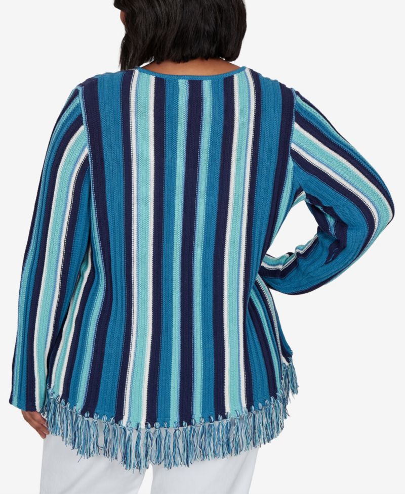Plus Size Stripe Fringe 3/4-Sleeve Pullover
