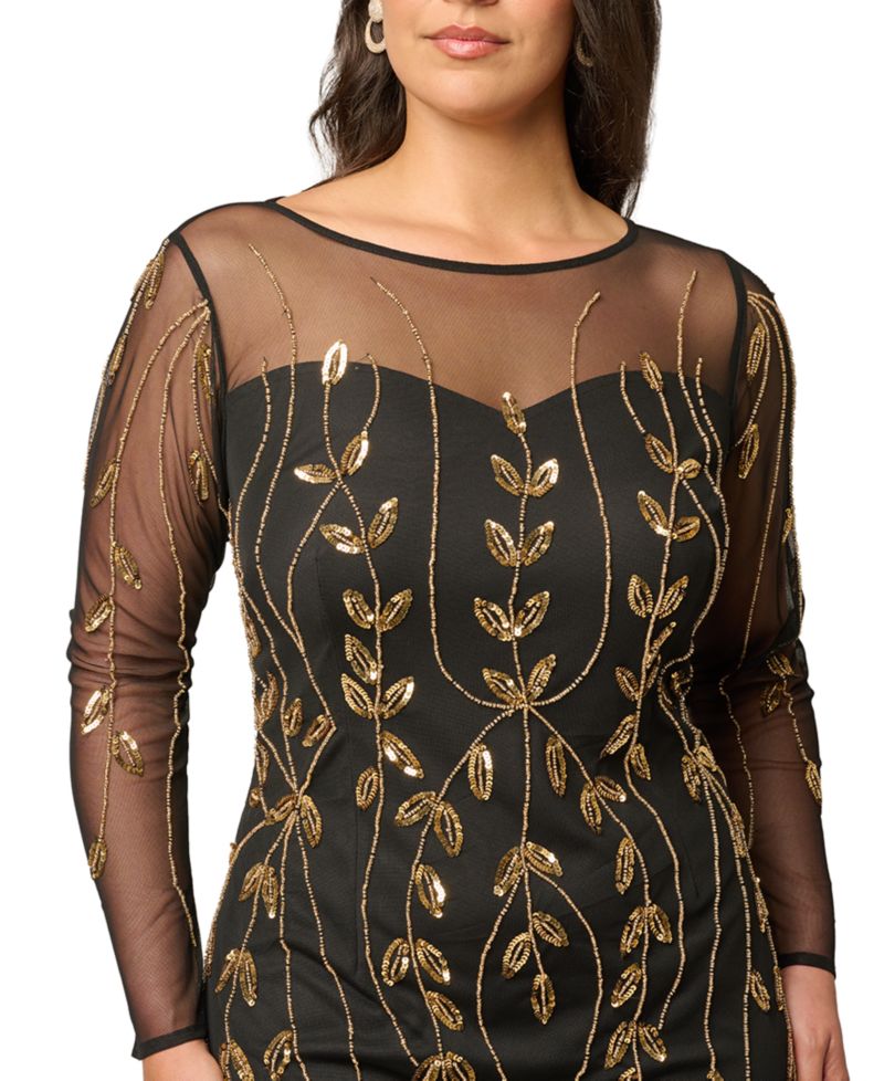 Plus Size Beaded Long-Sleeve Gown