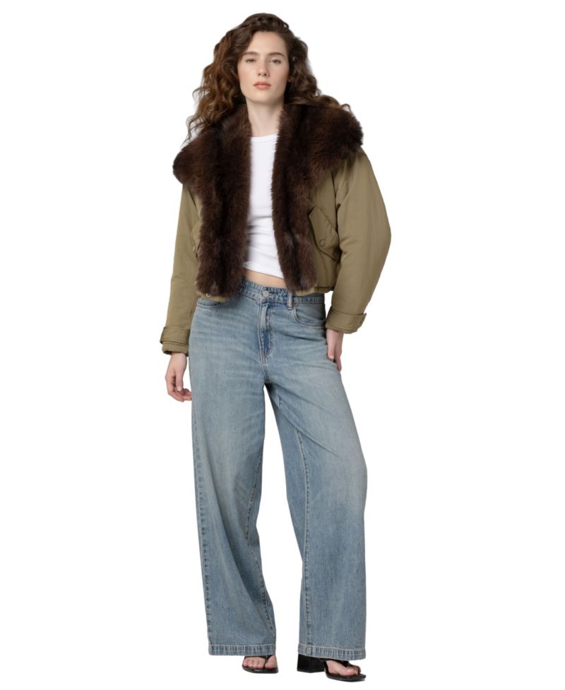 Women's Shawl Collar Faux-Fur Trim Cropped Jacket