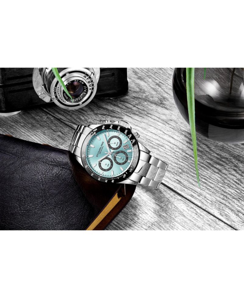 3960 Men's Chronograph Watch Quartz Japan VR32 Ice Blue Dial Black Tachymeter Bezel Silver Tone Case Stainless Steel Bracelet Date Window