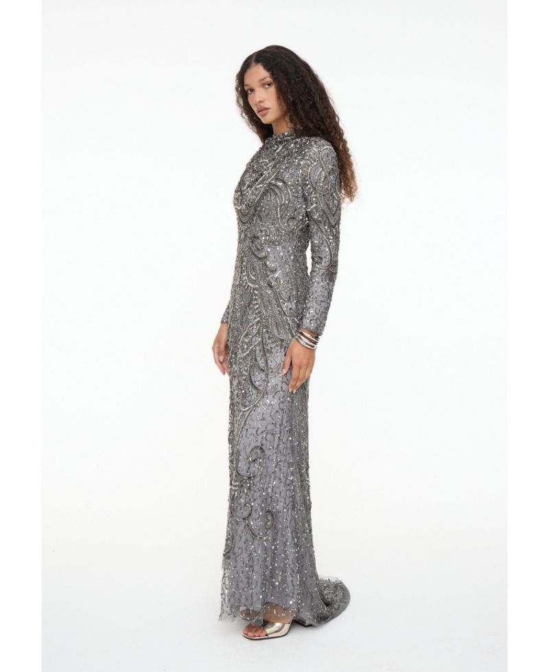 Women's Modest Embellished Sequin Beaded Dress Maxi With Cowl Neck