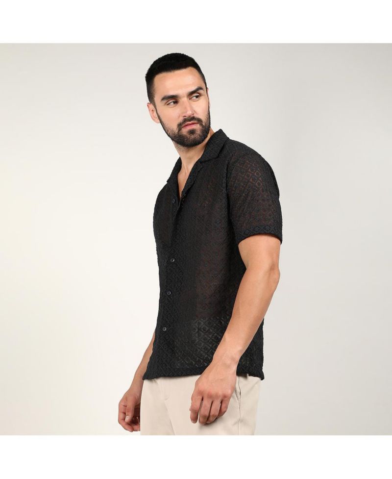 Men's Midnight Black Floral Embroidered Shirt