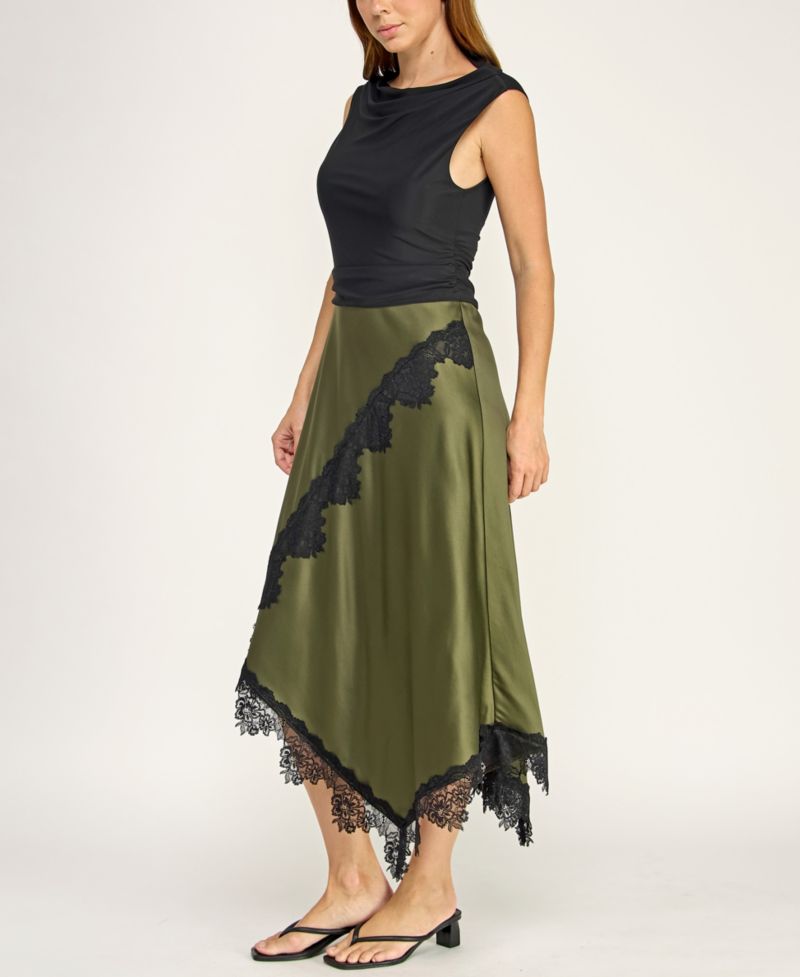 Juniors' Cowl Neck Assymetric Lace Trim Satin Skirt Midi Dress