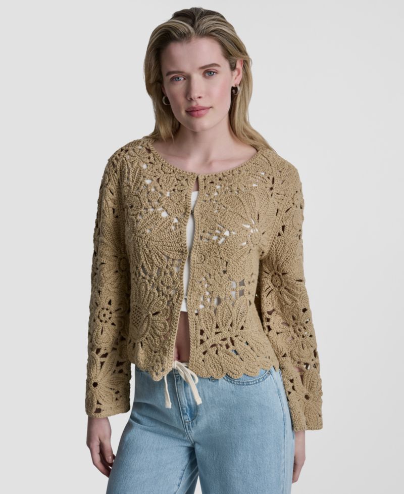 Women's Long-Sleeve Floral Crochet Crewneck Cardigan With Scallop Hem