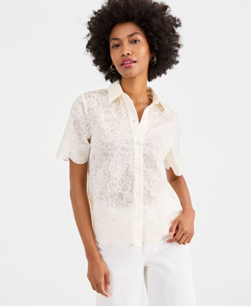 Women's Crystal Embellished Short-Sleeve Button-Down Shirt