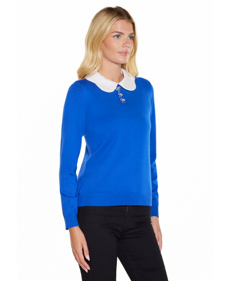Women's Scalloped Keyhole-Back Long-Sleeve Rayon-Blend Pullover Sweater