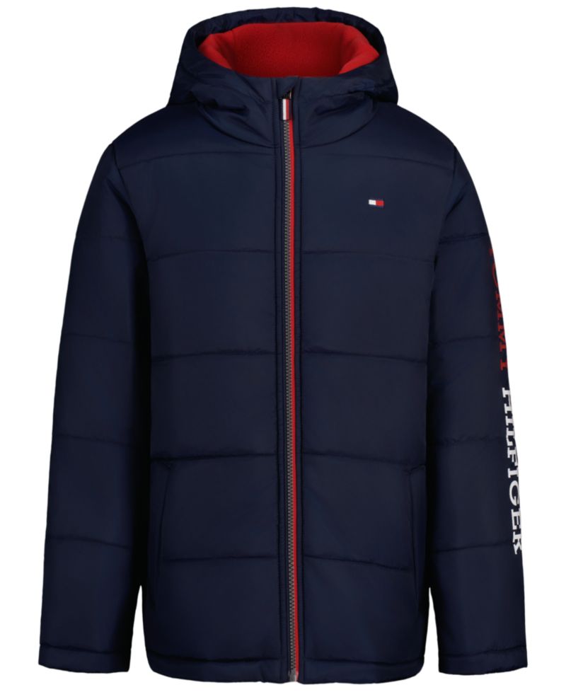 Baby Boys' Hooded Fleece-Lined Sleeve Logo Puffer Jacket