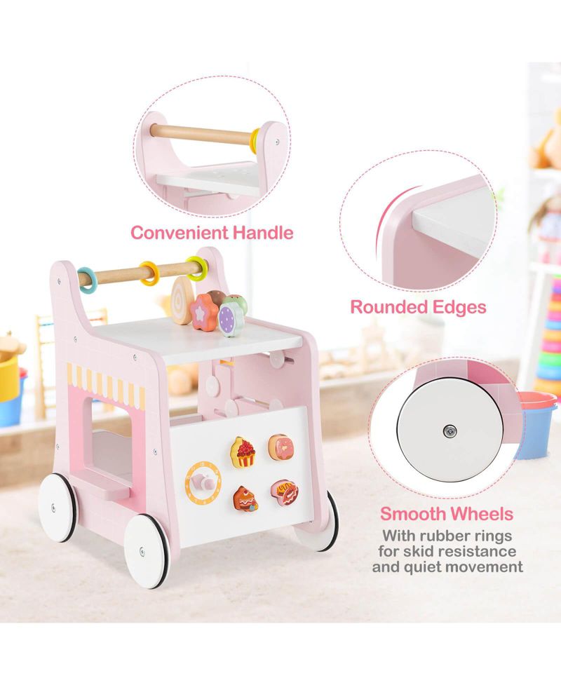 Wooden Baby Walker Ice Cream Cart Toy with Sweet Accessories & Smooth Wheels