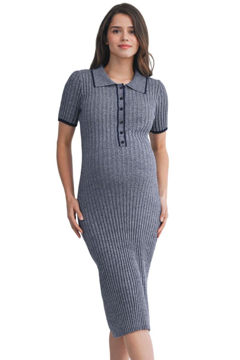 Women's Maternity Collared Ribbed Knit Midi Dress with Button-Front Nursing Access