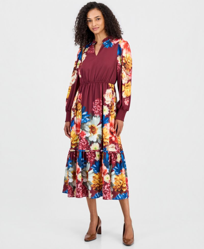 Women's Floral Long-Sleeve A-Line Midi Dress