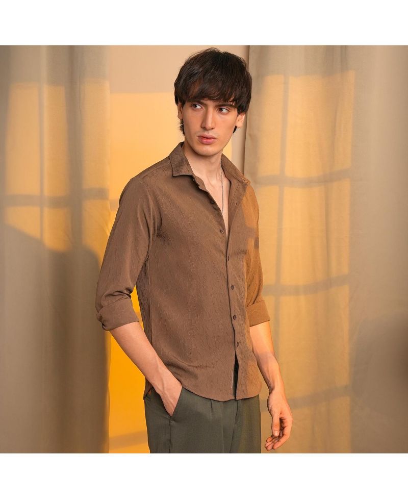 Men's Ash Brown Veined-Textured Shirt
