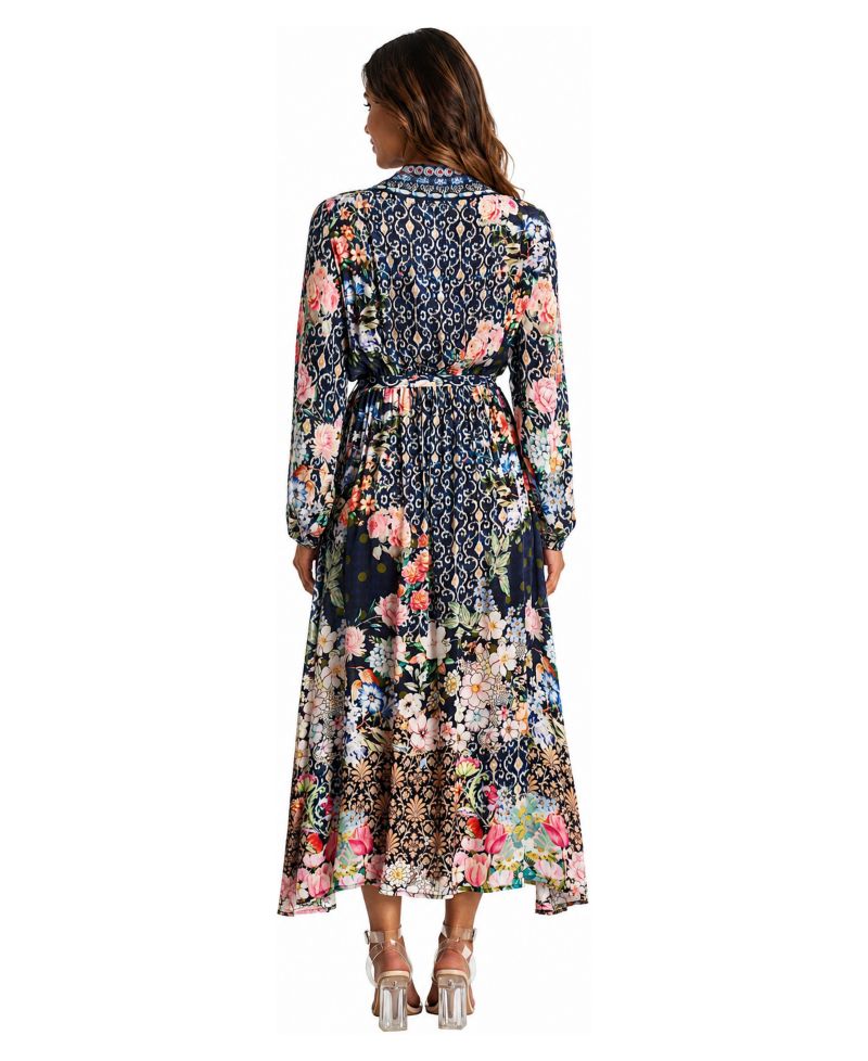Women's Floral-Patchwork Long-Sleeve Wrap Maxi Dress