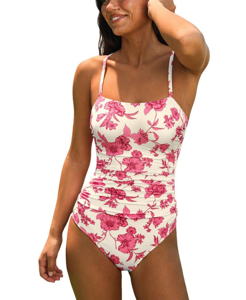 Women's Square Neck Ruched Pull-On Adjustable Strap One-Piece Swimsuit