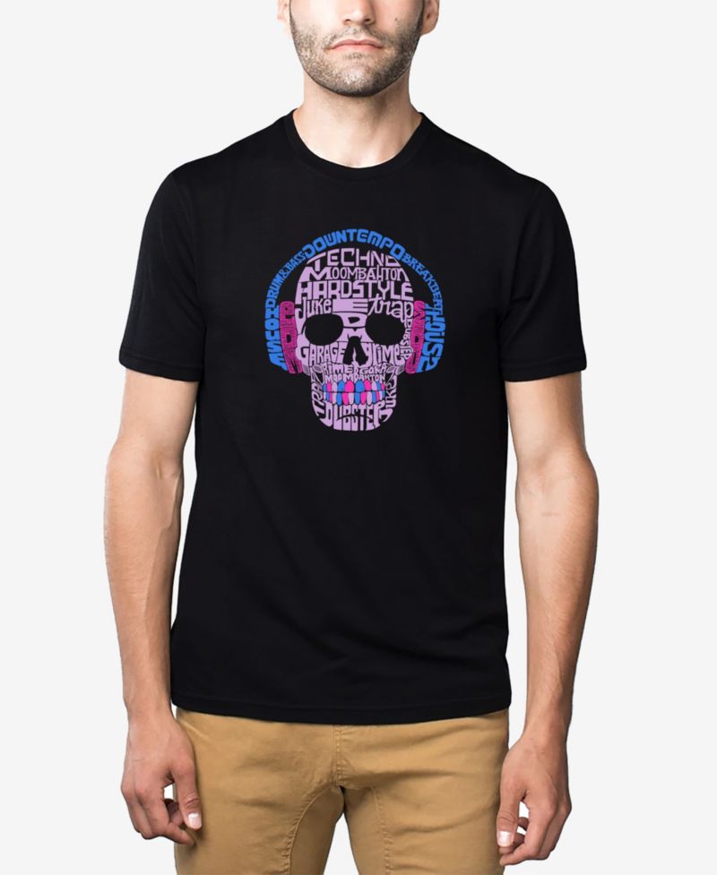 Men's Cotton/Poly Blend Word Art Styles of Edm Music Skull T-shirt