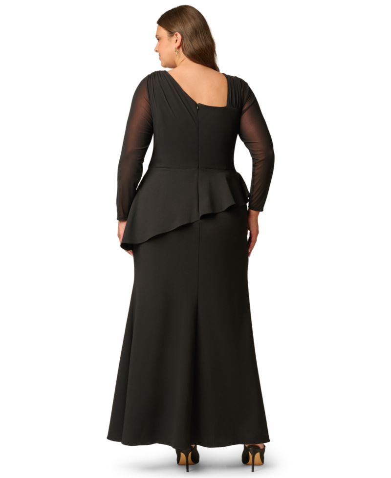 Plus Size Knit Crepe Combo Mesh Go Asymmetrical Long-Sleeve Dress