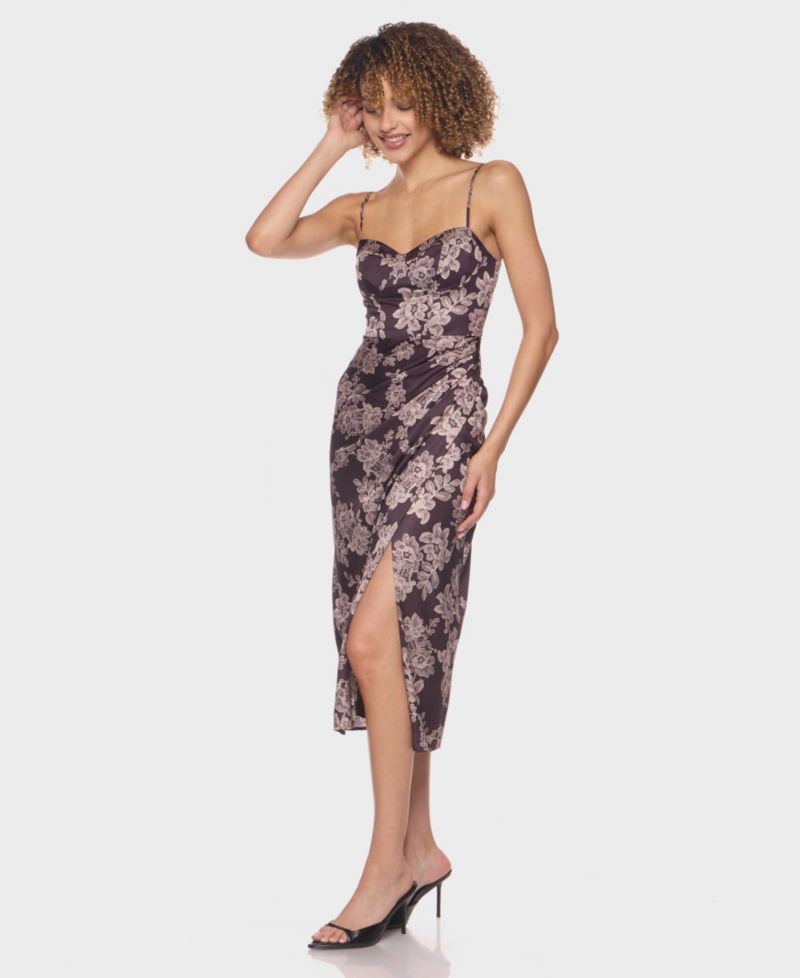 Juniors' Sweetheart Neck Printed Satin Midi Dress with Spaghetti Straps Skirt Slit