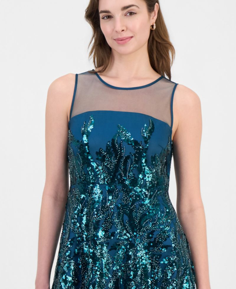 Women's Illusion and Sequin Midi Boat-Neck Sleeveless Dress