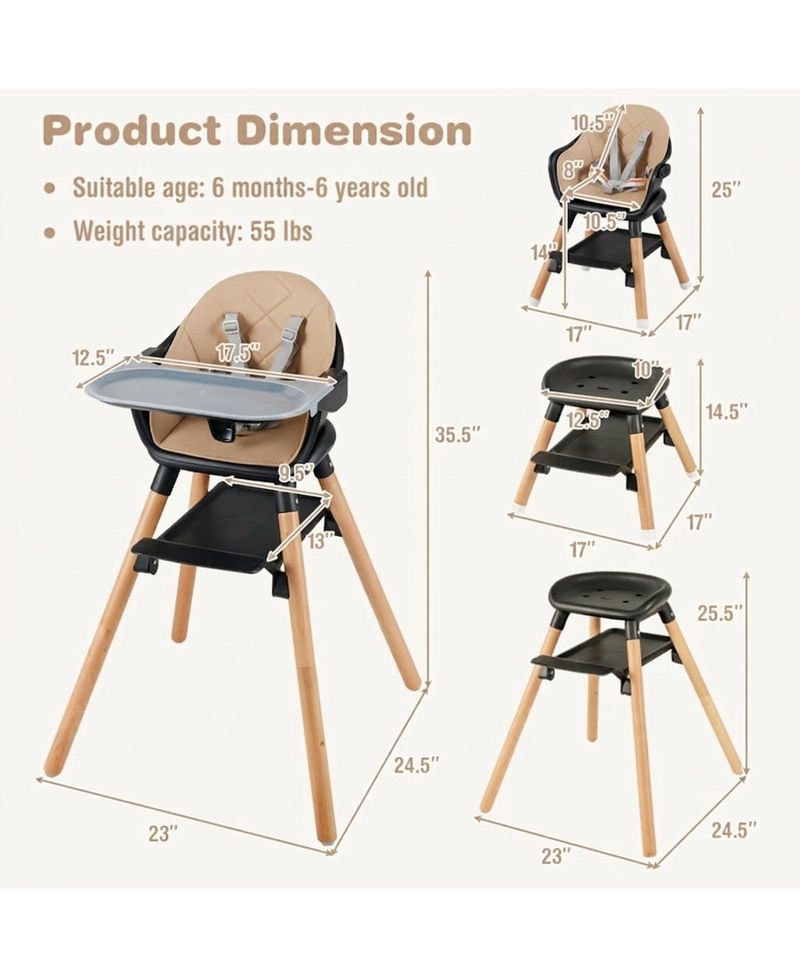 Baby 6-in-1 Beech Wood Convertible High Chair with Adjustable Footrest and Double Tray