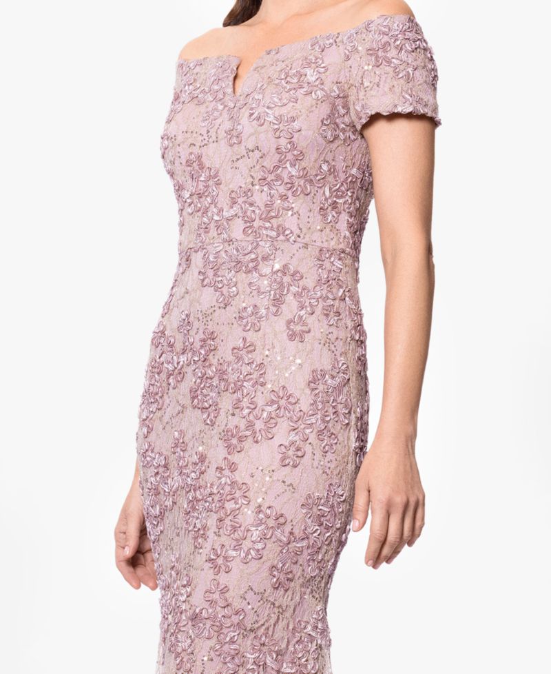 Petite Off-The-Shoulder Soutache Lace Gown