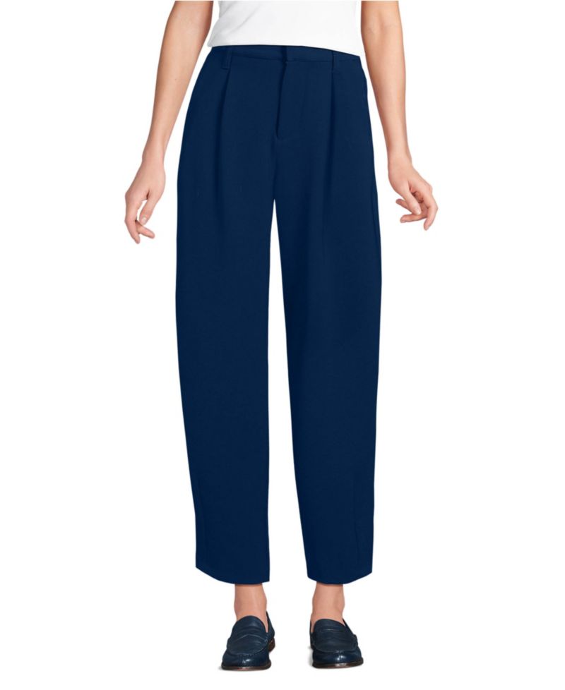 Women's Crepe High Rise Pleated Barrel Leg Ankle Pants