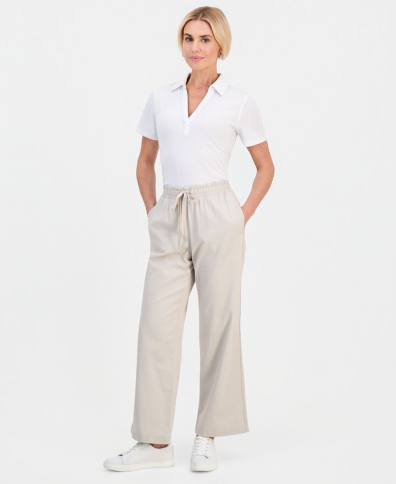 Petite Twill-Tape Wide-Leg Pull-On Pants