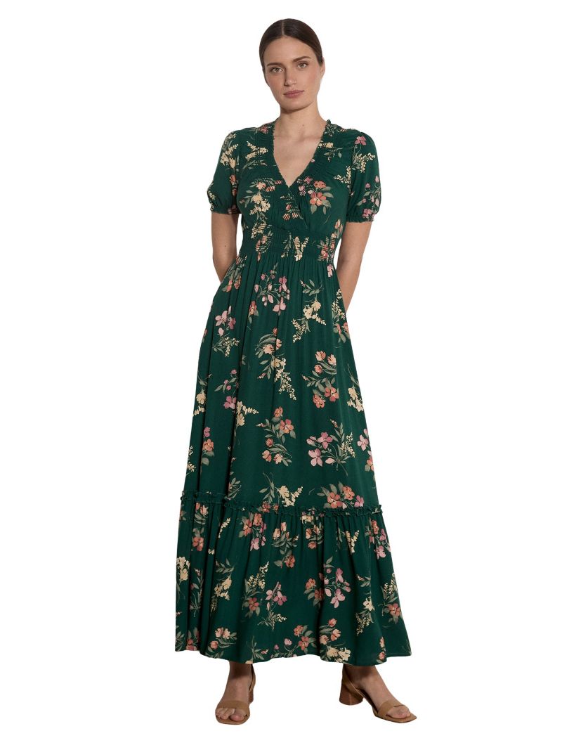 Women's Watercolour Floral Tiered Puff-Sleeve Maxi Dress