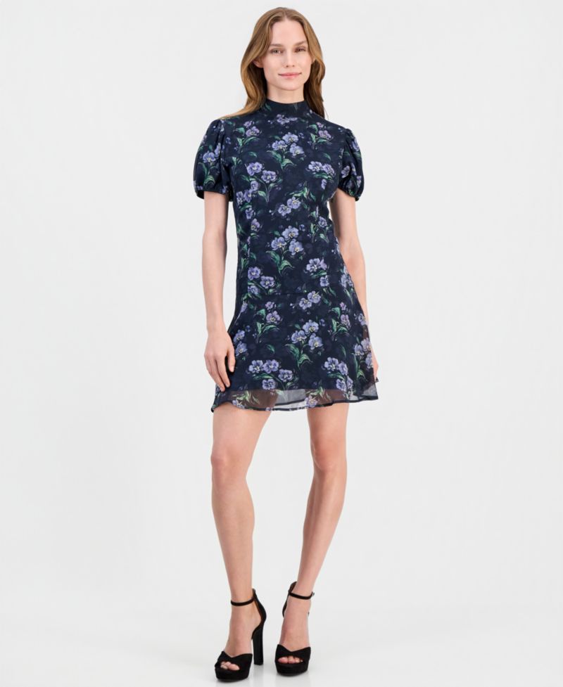 Floral-Print Puff-Sleeve A-Line Lark Tie Back Mini Dress