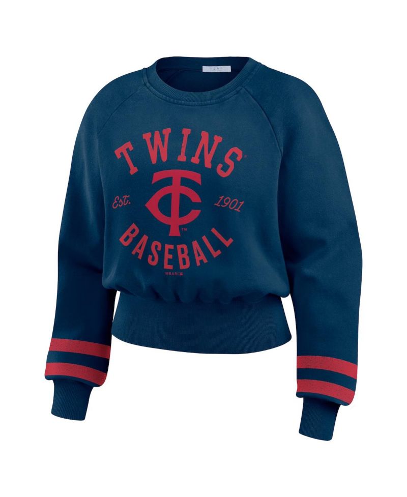 Women's Navy Minnesota Twins Vintage Washed Cropped Pullover Sweatshirt