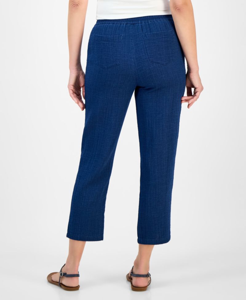 Petite Cotton Indigo Gauze Mid-Rise Pull-On Pants