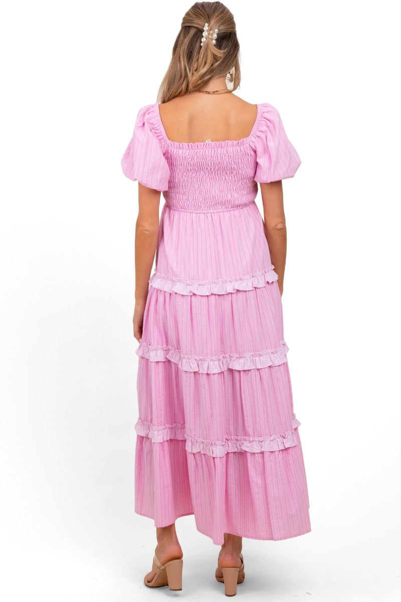 Women's Pink Smocked Ruffle Tiered Puff Sleeve Maxi Dress