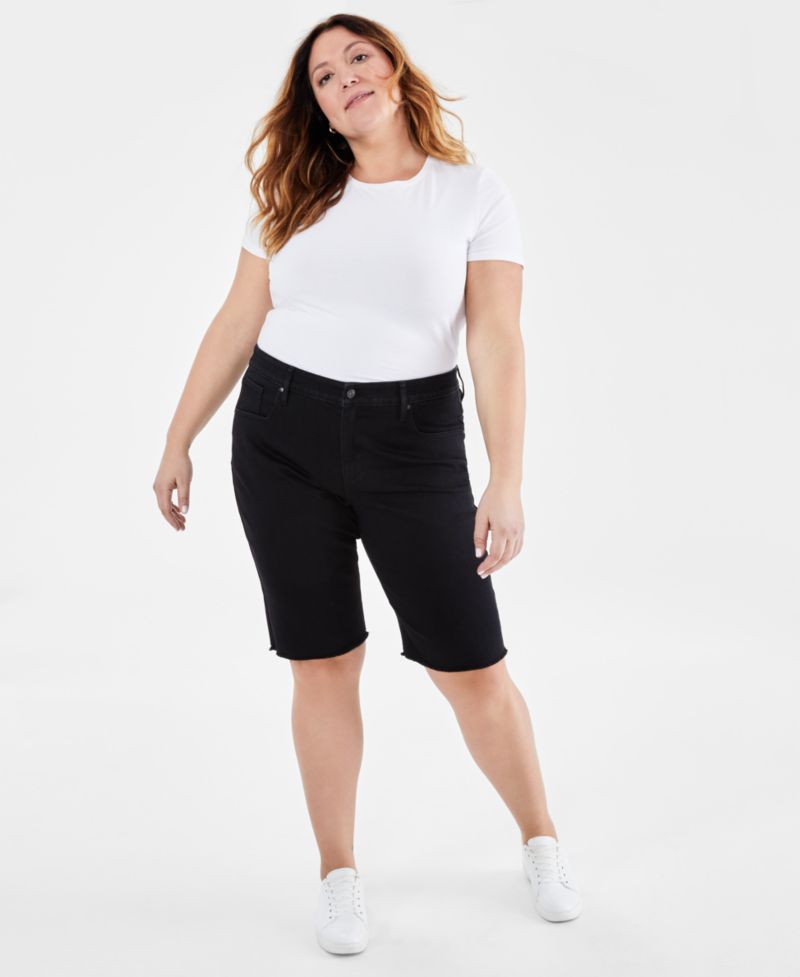 Plus Size Mid-Rise Raw-Edge Bermuda Jean Shorts