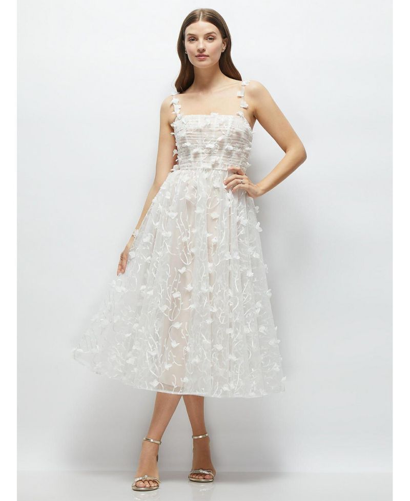 Women's 3D Embroidered Little White Midi Dress with Nude Corset Underlay