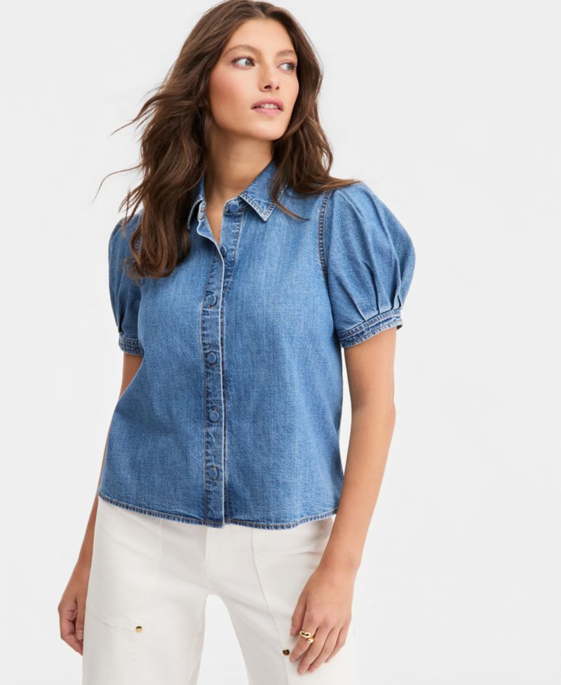 Women's Cotton Puffed-Sleeve Denim Shirt