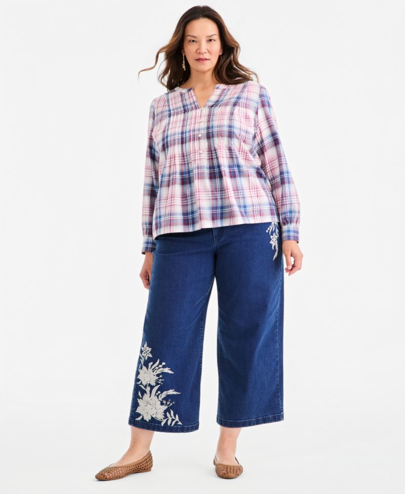 Plus Size Plaid Pintuck Long-Sleeve Top