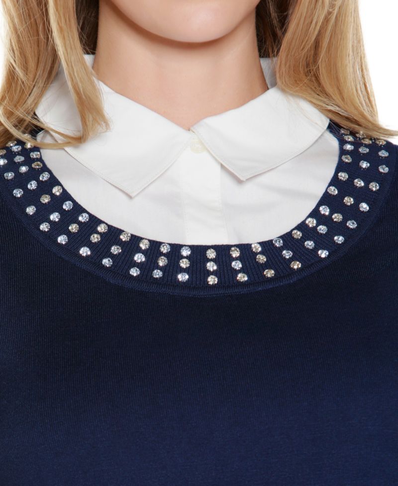 Women's Rhinestone-Neckline Two-Fer Sweater