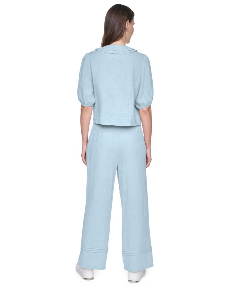 Women's V-Neck Short Puff-Sleeve Tie-Front Shirt