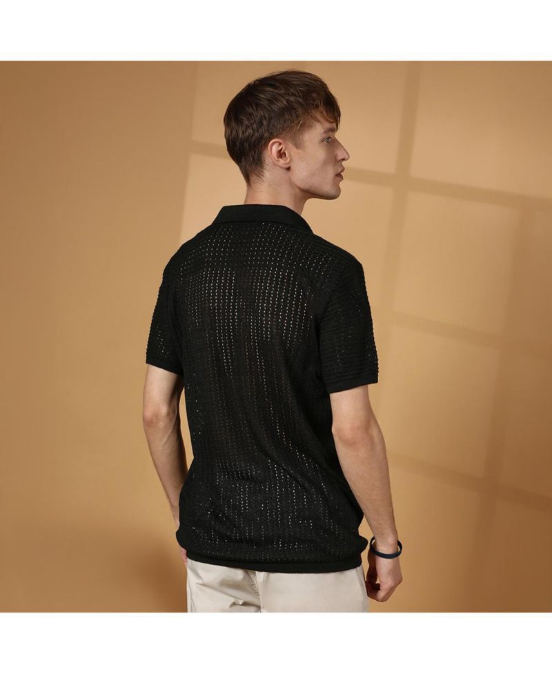 Men's Raven Black Textured-Knit Polo T-Shirt
