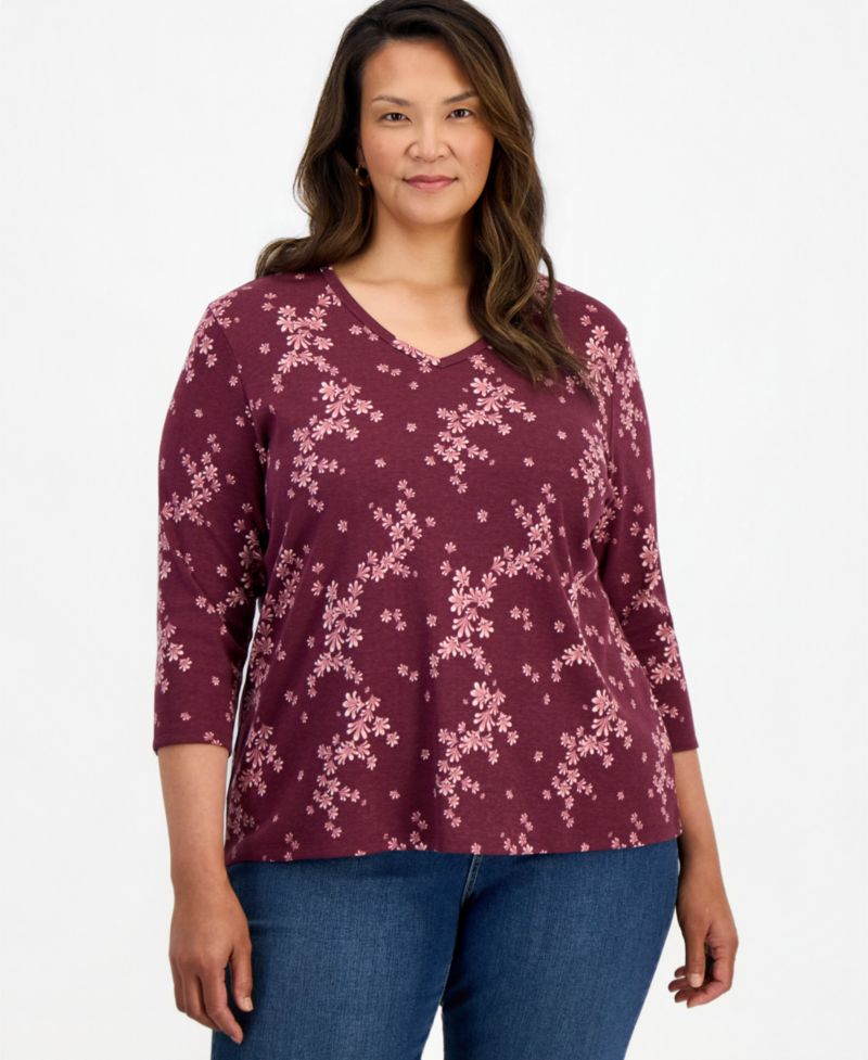 Plus Size Printed 3/4-Sleeve V-Neck Top