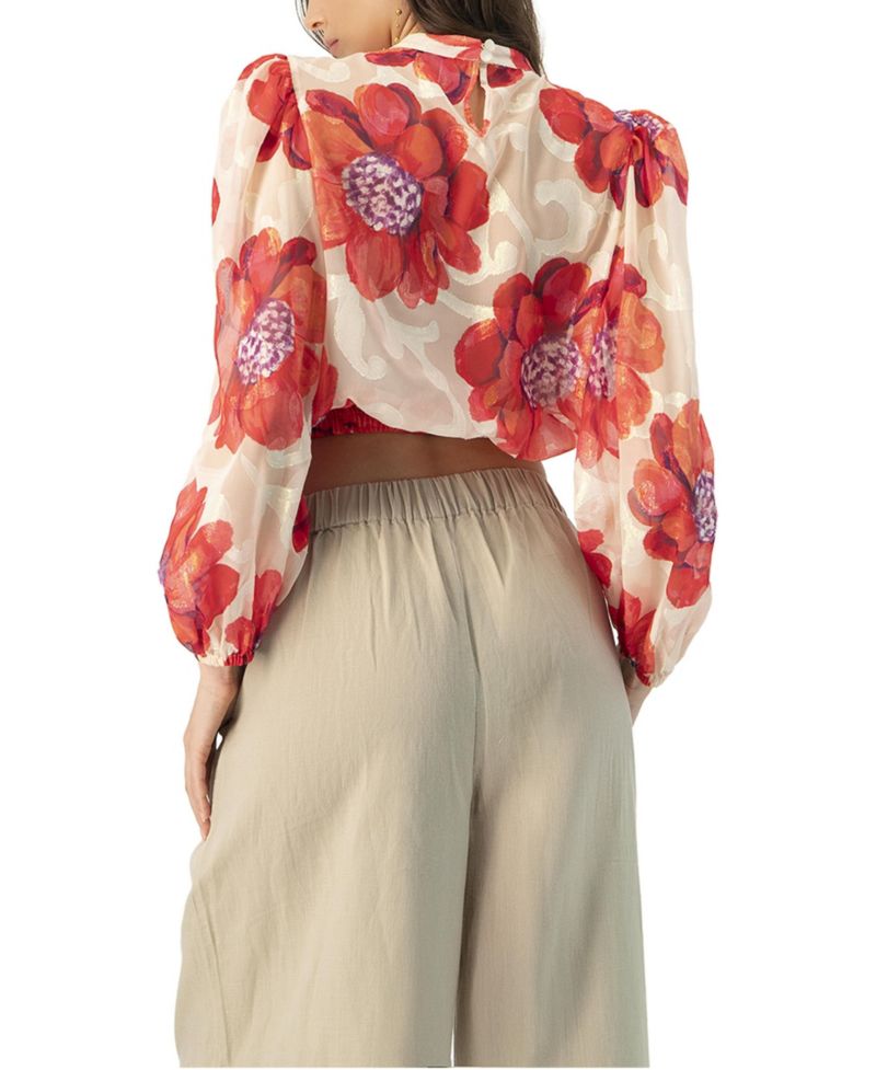 Women's Shimmering Printed Blouse with Pleated Round Neck