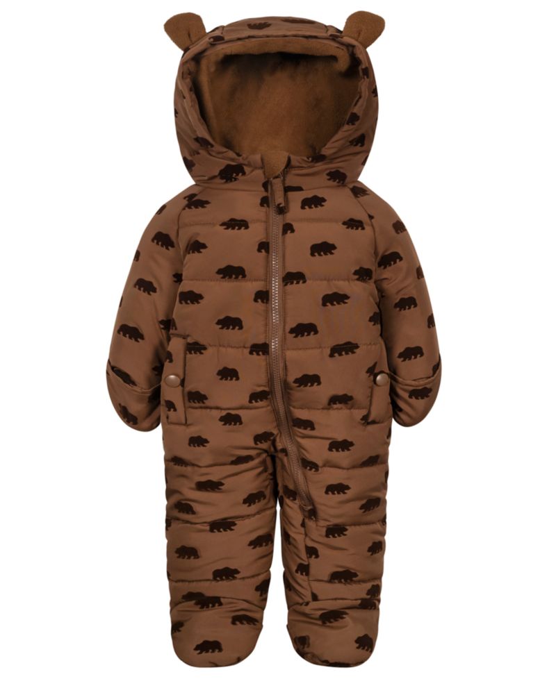 Baby Boys' Flocked Bear-Print Fleece-Lined Hood Easy-On/Easy-Off Snowsuit