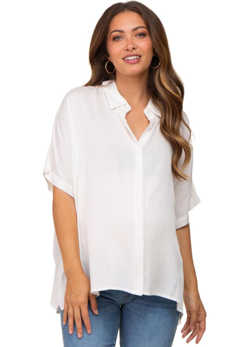 Women's Black Button Up Dolman Short Sleeve Top