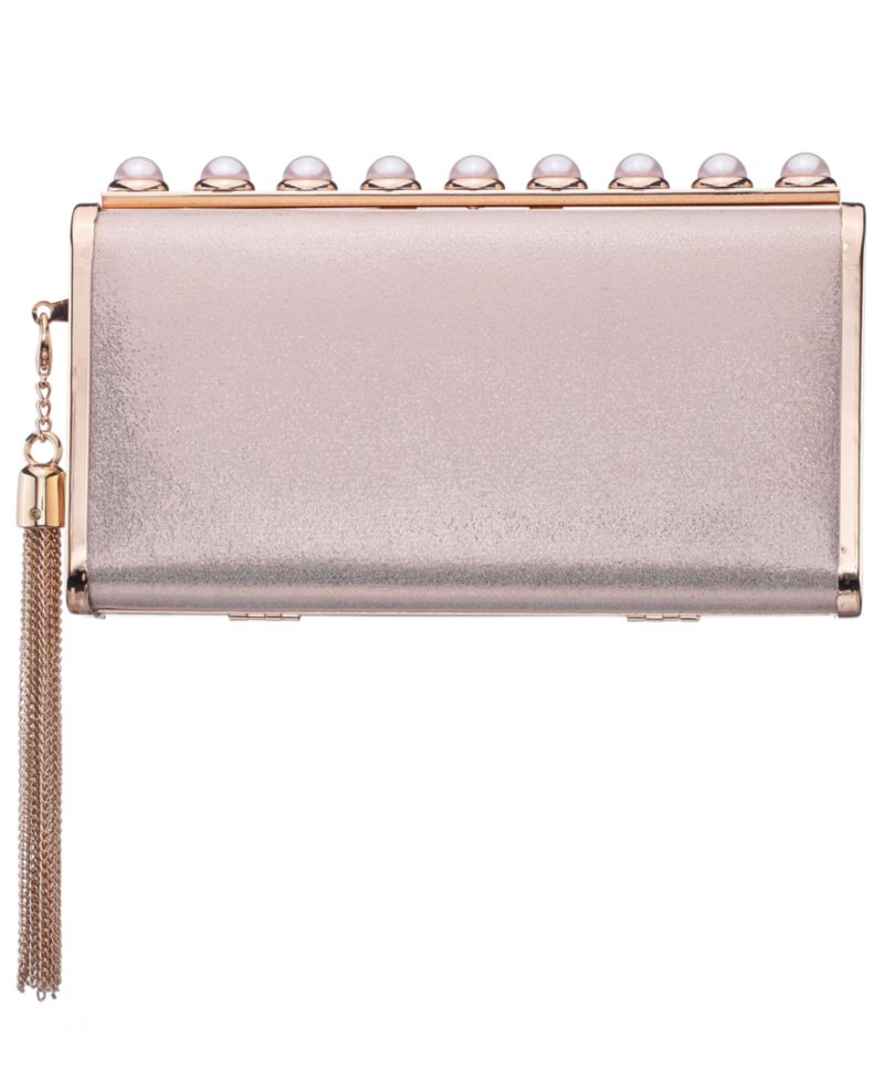 Crystal Ornamented Minaudiere Tassel Lift Lock Clutch