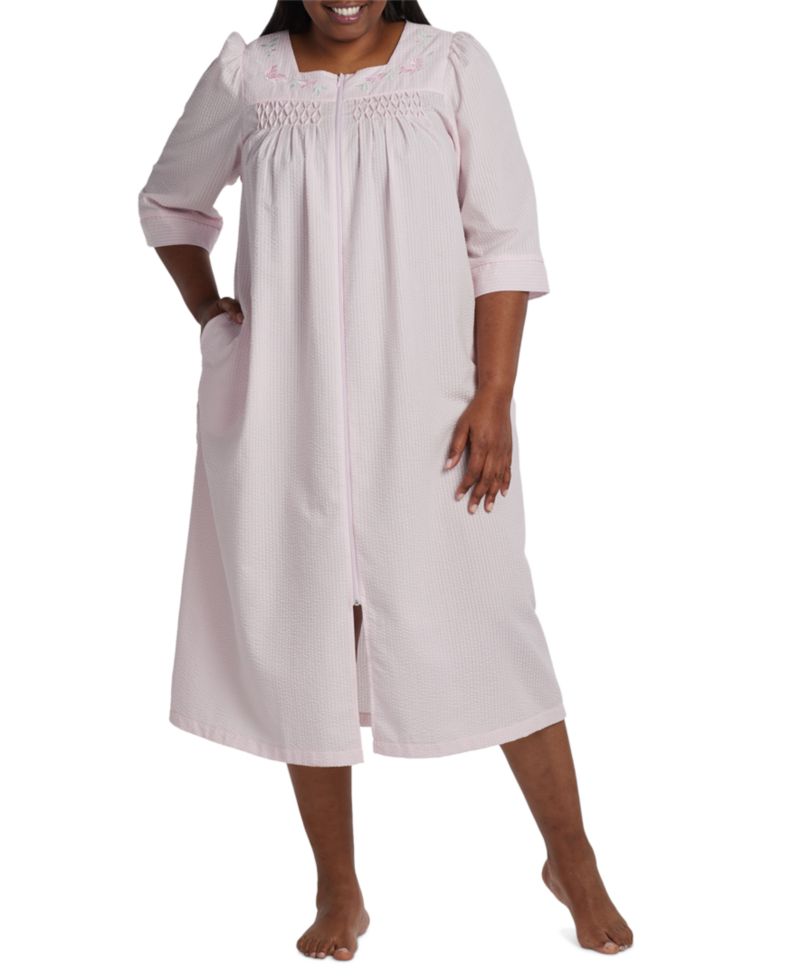 Plus Size Long Zipper Seersucker Robe