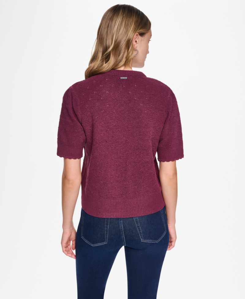 Women's Baby Chenille Short-Sleeve Lightweight Open-Stitch Cardigan