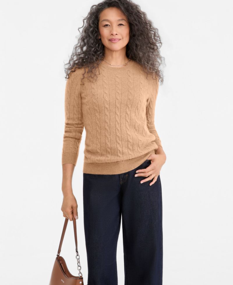Petite Cable-Knit Crewneck 100% Cashmere Sweater