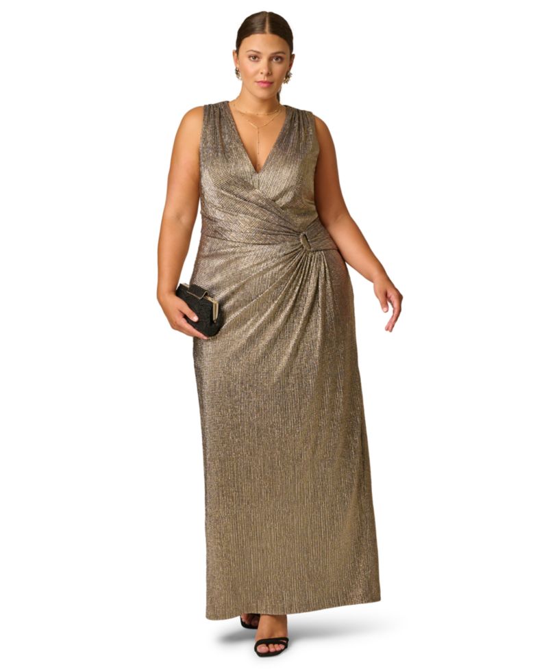 Plus Size Metallic Knit Plunging V-Neck Gown
